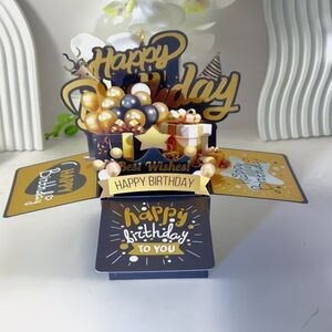 3D Pop-Up Greeting Card Black Gold Balloon Birthday Father Mother Office